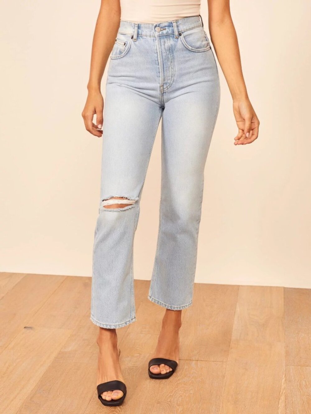 Reformation Cynthia High Rise Straight Cropped Jeans in Tahoe Destroyed